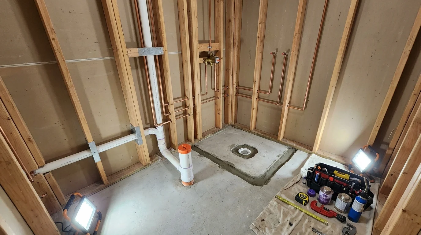 Bathroom rough-in plumbing during remodel by Johns Plumbing LLC in Rolesville