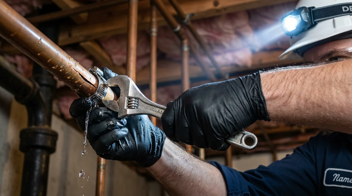 Emergency pipe clamp repair being performed by a Johns Plumbing LLC plumber in Rolesville