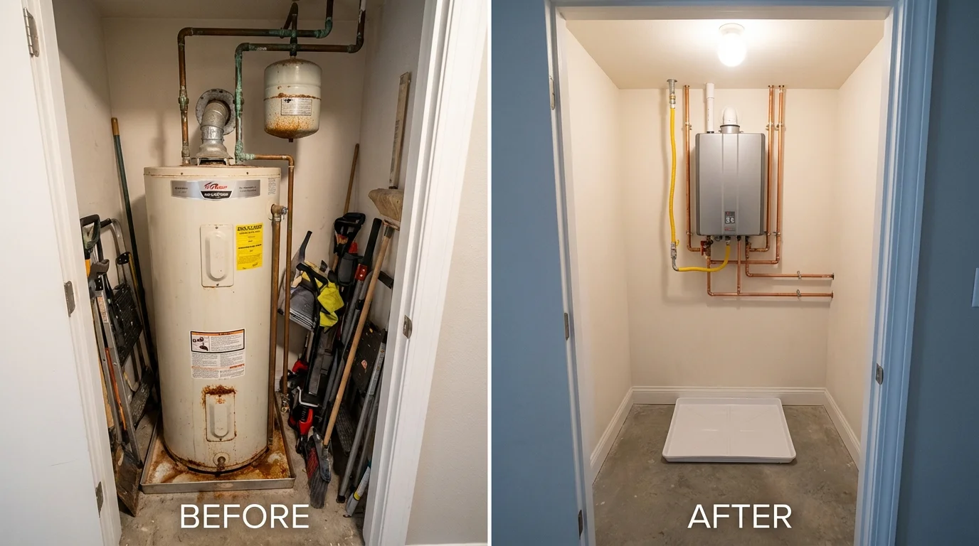 Tank water heater versus wall-mounted tankless unit comparison for Rolesville, NC homeowners