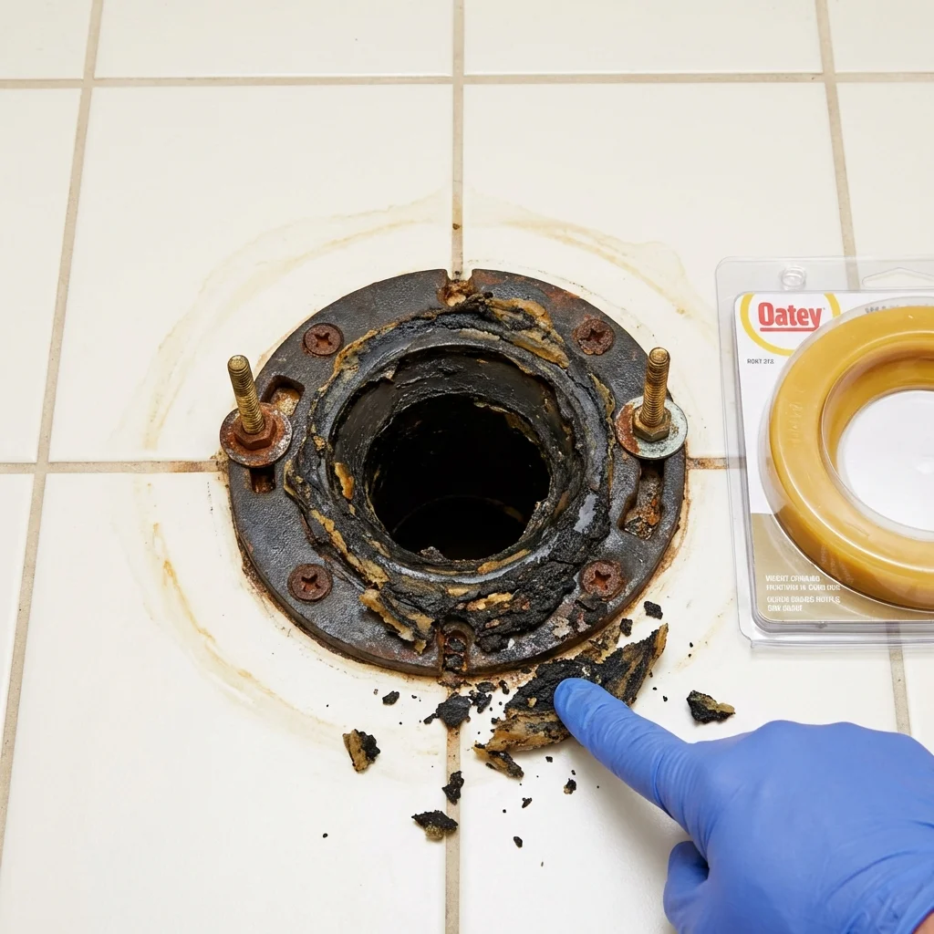 Failed wax ring showing water seepage at the base of a toilet in a Rolesville, NC home