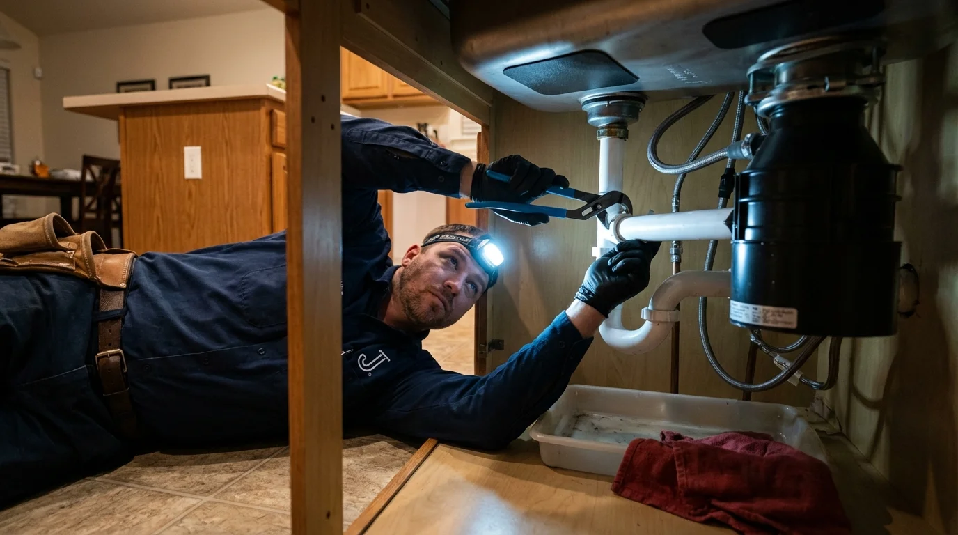 P-trap and supply line connections under a kitchen sink showing a common leak point in Rolesville, NC